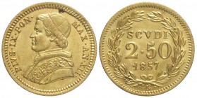 Roma, Pio IX, 2,5 Scudi 1857 anno XII, Au mm 19 g 4,33, SPL-FDC