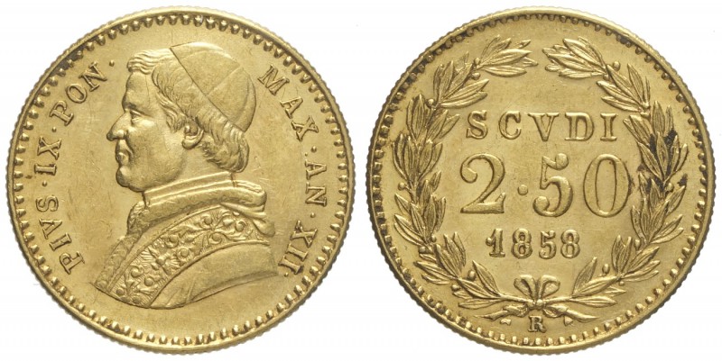 Roma, Pio IX, 2,5 Scudi 1858 anno XII segno "R" piccolo, Au mm 19 g 4,33, SPL