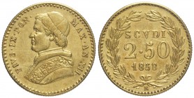 Roma, Pio IX, 2,5 Scudi 1858 anno XII segno "R" piccolo, Au mm 19 g 4,33, BB-SPL