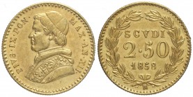Roma, Pio IX, 2,5 Scudi 1858 anno XII segno "R" piccolo, Au mm 19 g 4,33, BB-SPL