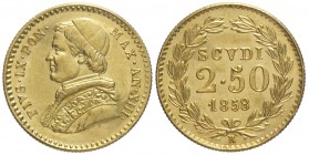 Roma, Pio IX, 2,5 Scudi 1858 anno XIII, Au mm 19 g 4,33, SPL-FDC