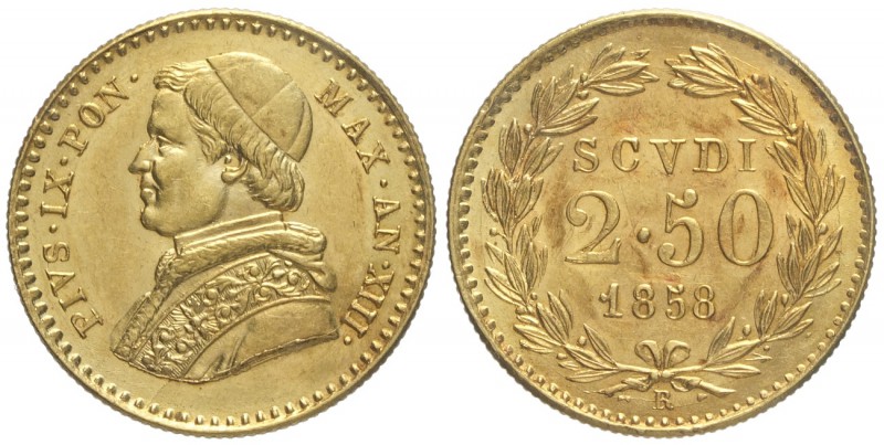 Roma, Pio IX, 2,5 Scudi 1858 anno XIII, Au mm 19 g 4,33, SPL-FDC