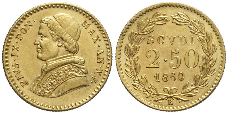 Roma, Pio IX, 2,5 Scudi 1860 anno XV, Au mm 19 g 4,33, SPL-FDC