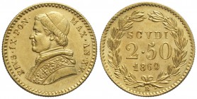 Roma, Pio IX, 2,5 Scudi 1860 anno XV, Au mm 19 g 4,33, SPL-FDC