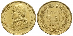 Roma, Pio IX, 2,5 Scudi 1860 anno XV, Au mm 19 g 4,33, SPL