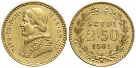 Roma, Pio IX, 2,5 Scudi 1861 anno XV, Au mm 19 g 4,33, q.FDC