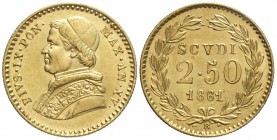 Roma, Pio IX, 2,5 Scudi 1861 anno XV, Au mm 19 g 4,33, SPL-FDC