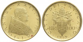 Roma, Giovanni XXIII, 100 Lire 1959, RR Au mm 20,7 g 5,19, FDC