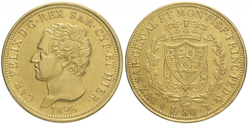 Savoia, Carlo Felice, 80 Lire 1826, Au mm 33 g 25,70, bordo ripreso altrimenti B...