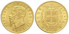 Regno d'Italia, Vittorio Emanuele II, 20 Lire 1863, Au mm 21 g 6,45, un paio di colpetti altrimenti q.FDC