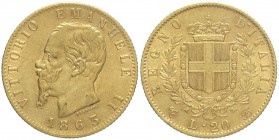 Regno d'Italia, Vittorio Emanuele II, 20 Lire 1863, Au mm 21 g 6,42, BB-SPL