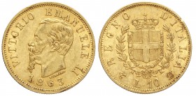 Regno d'Italia, Vittorio Emanuele II, 10 Lire 1863, Au mm 19 g 3,21, colpetto BB-SPL