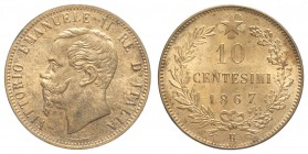 Regno d'Italia, Vittorio Emanuele II, 10 Centesimi 1867 H, Cu mm 30, Rame rosso FDC