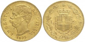 Regno d'Italia, Umberto I, 20 Lire 1893, Au mm 21 g 6,44, graffio al dritto altrimenti SPL-FDC