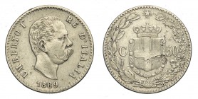 Regno d'Italia, Umberto I, 50 Centesimi 1889, Rara Ag mm 18 g 2,47, MB-BB