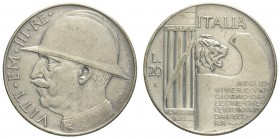 Regno d'Italia, Vittorio Emanuele III, 20 Lire 1928 "Elmetto", Non comune, Ag mm 35,5 g 19,82, MB-BB