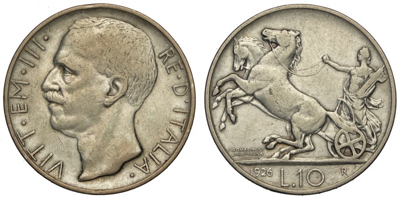 Regno d'Italia, Vittorio Emanuele III, 10 Lire 1926 bordo largo, RR, Ag mm 27 g ...