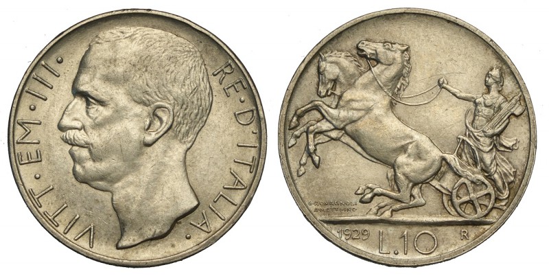 Regno d'Italia, Vittorio Emanuele III, 10 Lire 1929 due rosette, Non comune, Ag ...