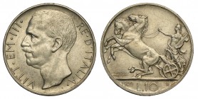 Regno d'Italia, Vittorio Emanuele III, 10 Lire 1929 due rosette, Non comune, Ag mm 27 g 9,99 BB-SPL