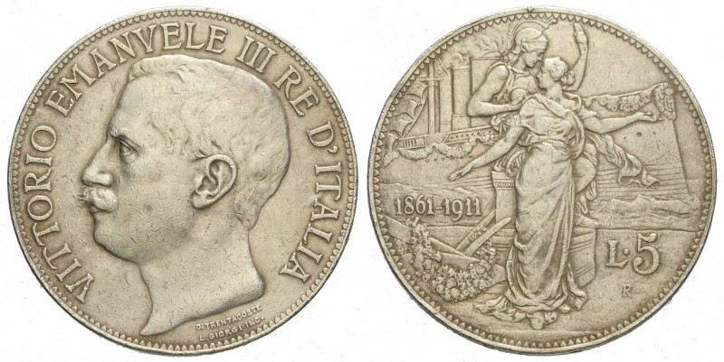 Regno d'Italia, Vittorio Emanuele III, 5 Lire 1911, Rara Ag mm 37 tracce di mont...