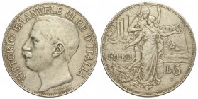 Regno d'Italia, Vittorio Emanuele III, 5 Lire 1911, Rara Ag mm 37 tracce di montatura, colpo e pulitura altrimenti BB-SPL