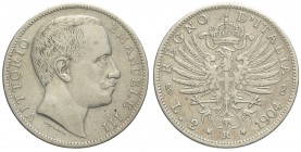 Regno d'Italia, Vittorio Emanuele III, 2 Lire 1904, RR Ag mm 27 g 9,92 ritocchi nella capigliatura del sovrano, MB