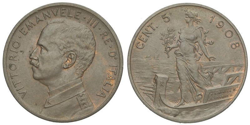 Regno d'Italia, Vittorio Emanuele III, 5 Centesimi 1908, Rara, Cu mm 25 g 5,03, ...