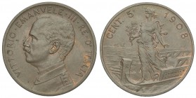 Regno d'Italia, Vittorio Emanuele III, 5 Centesimi 1908, Rara, Cu mm 25 g 5,03, ottimo esemplare dal lustro integro, SPL-FDC
