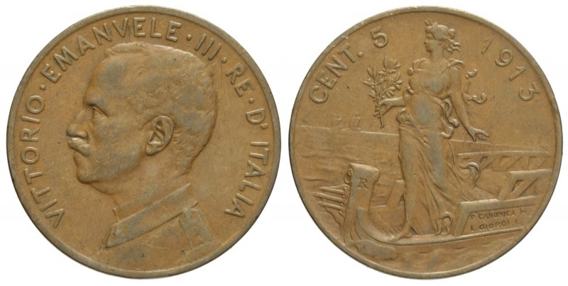 Regno d'Italia, Vittorio Emanuele III, 5 Centesimi 1913 senza punto, RR Cu mm 25...