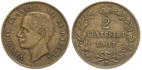 Regno d'Italia, Vittorio Emanuele III, 2 Centesimi 1907, RR Cu mm 20 g 2,00, BB