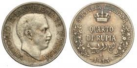 Regno d'Italia, Vittorio Emanuele III, Colonia Somalia, Quarto di Rupia 1913, Rara, Ag mm 19 g 2,90, MB-BB