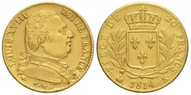 France, Louis XVIII, 20 Francs 1814 K, Non comune Au mm 21 g 6,40 da montatura MB