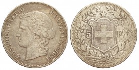 Switzerland, Confederation, 5 Francs 1891, Ag mm 37,5 g 24,89, MB
