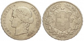 Switzerland, Confederation, 5 Francs 1892, Ag mm 37,5 g 24,83, MB-BB