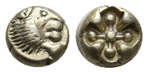 IONIA, Miletos (Circa 600-550 BC.) EL Hemihekte. Milesian standard.
Obv: Lion's...