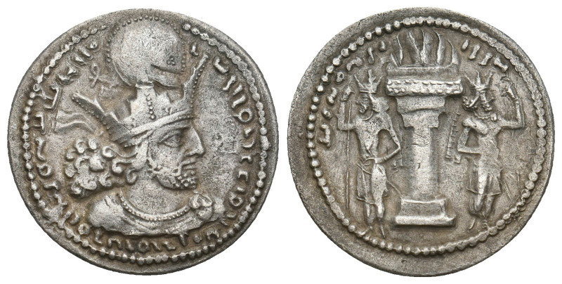 KINGS OF PERSIA. Shapur I. 241-270 AD.Drachm.
Obv: Shapur ICrowned bust with ear...