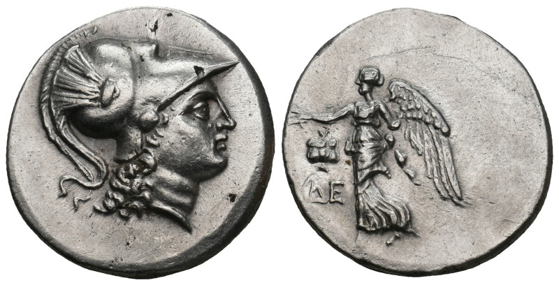 PAMPHYLIA. Side. Tetradrachm (Circa 205-100 BC). De-, magistrate.
Obv: Head of A...