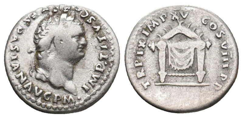 TITUS (79-81). Denarius. Rome.
Obv: IMP TITVS CAES VESPASIAN AVG P M.
Laureate h...