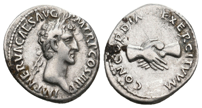 NERVA (96-98). Denarius. Rome.
Obv: IMP NERVA CAES AVG P M TR P COS III P P.
Lau...