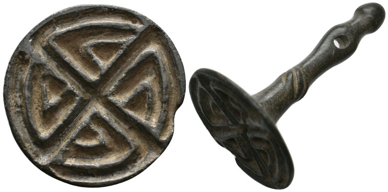 BYZANTINE. Uncertain period. Bronze stamp seal. 
Obv: Square seal stamp with geo...