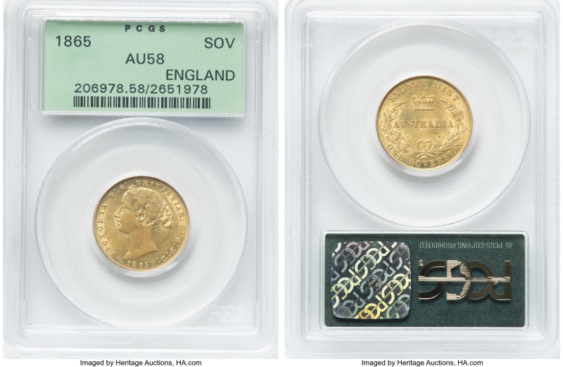 Victoria gold Sovereign 1865-SYDNEY AU58 PCGS, Sydney mint, KM4, Marsh-A370. Inc...