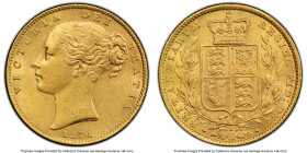 Victoria gold "Shield" Sovereign 1871-S AU58 PCGS, Sydney mint, KM6, S-3855A. Incuse WW on truncation. A lovely, first year of issue example. HID09801...