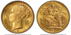 Victoria gold "St. George" Sovereign 1885-M MS64 PCGS, Melbourne mint, KM7, S-3857C. Small BP. Luxuriously satiny and lustrous, exhibiting an outsized...
