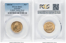 Victoria gold "Jubilee Head" Sovereign 1893-S MS63 PCGS, Sydney mint, KM10, S-3868C. Ranked at the last well-populated grade on the PCGS census with j...