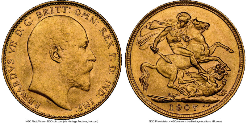 Edward VII gold Sovereign 1907-M MS64+ NGC, Melbourne mint, KM15, S-3971. A well...