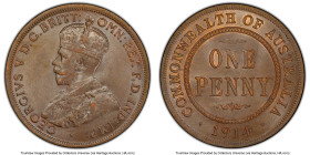 George V Penny 1914-(L) MS62 Brown PCGS, London mint, KM23. Milk-chocolate surfaces with hints of amber toning around the legends. HID09801242017 © 20...