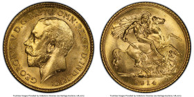 George V gold 1/2 Sovereign 1914-S MS64 PCGS, Sydney mint, KM28, S-4009. Bathed in appealing luster swirling across the flaxen yellow fields. HID09801...