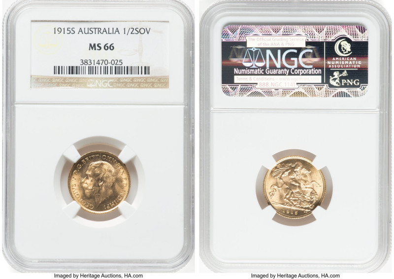 George V gold 1/2 Sovereign 1915-S MS66 NGC, Sydney mint, KM28, S-4009. Dressed ...