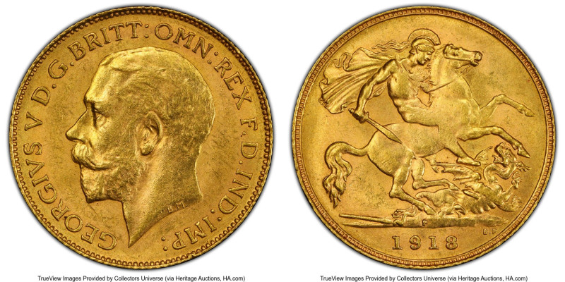 George V gold 1/2 Sovereign 1918-P MS62 PCGS, Perth mint, KM28, S-4008. The key ...