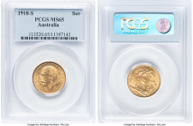George V gold Sovereign 1918-S MS65 PCGS, Sydney mint, KM29, S-4003. Lustrous honey-gold surfaces create the perfect backdrop to well-struck devices. ...